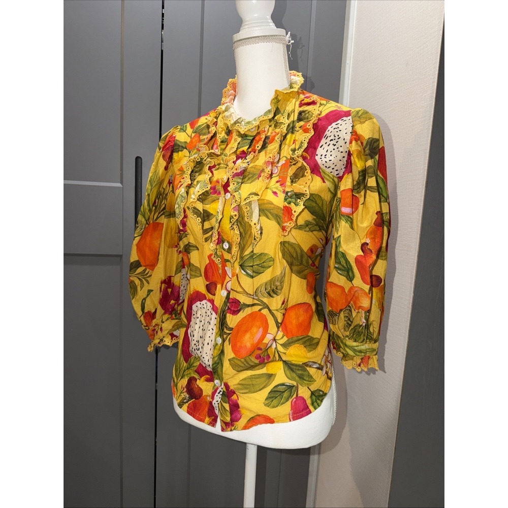 Farm Rio Yellow Multicolor Fruit Ruffle Blouse Women's SIZE M Puff Sleeves
